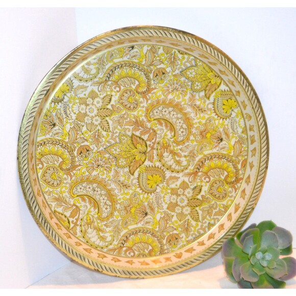 Vintage Metal Tray Gold Paisley English Style - Picture 1 of 5